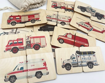 Wooden emergency vehicles firetruck police car ambulance puzzle game/ Montessori Homeschool Preschooler Kindergarten matching cards