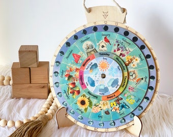 Wheel of the Year, Wooden Perpetual Calendar, Moon Phases Wheel, Waldorf Calendar, Wooden hanging Calendar, Wall Art