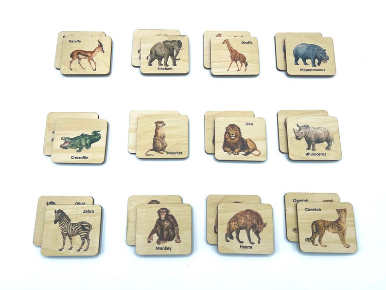 Montessori Wooden Safari Animals Matching Cards/ Bilingual French Wood ...