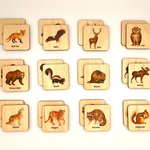 Op de afbeelding: Houten dierenkaarten met illustraties van Noord-Amerikaanse dieren, waaronder een rode vos, adelaar, hert, uil, bruine beer, stinkdier, bever, eland, coyote, poema, wasbeer en eekhoorn. Elke kaart heeft de naam van het dier.