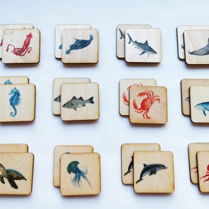 Wooden Montessori Sea animals Memory Game, Educational Matching game, Homeschooling Wood Toys image 2