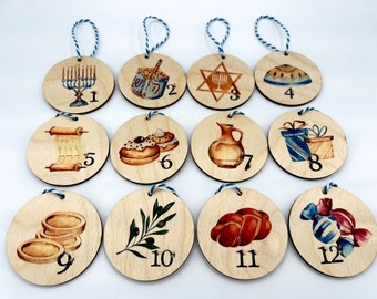 12 days of Hanukkah Ornaments, Countdown Hanukkah tag, Holiday Countdown Ornament Decor