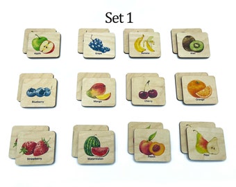 Juego de memoria de frutas Montessori de madera/Tarjetas de emparejamiento  para niños en edad preescolar/Juguetes educativos bilingües en francés