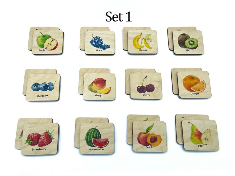 Wooden Montessori Fruits Memory Game/ Toddler Preschool Matching Cards/ bilingual French Homeschool Educational Toys For Kids image 2
