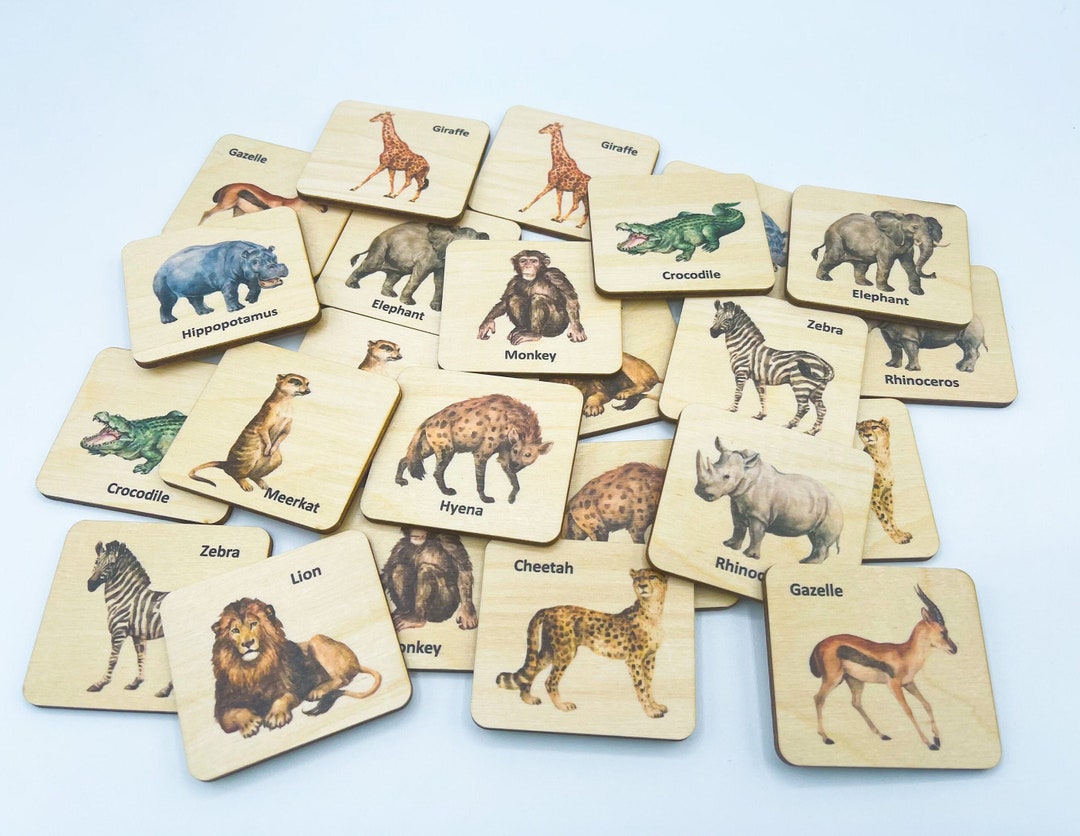 Montessori Wooden Safari Animals Matching Cards/ Bilingual picture pic photo