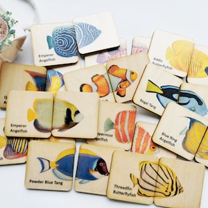 Jeu de puzzle Montessori en bois de poissons tropicaux d'océan / Cartes assorties pour l'école maternelle et l'école maternelle à la maison