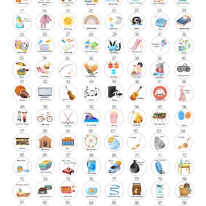 May include: A set of 96 colorful round stickers with various activities and chores for kids. The stickers are arranged in a grid of 8 rows and 12 columns. Each sticker has a different image and text. The images are hand-painted in a watercolor style. The text on the stickers includes words like 'Bath', 'Shower', 'Brush Teeth', 'Dry Hair', 'Go Potty', 'Trim Nails', 'Brush Teeth', 'Wash Hands', 'Get Dressed', 'Put on shoes', 'Put on socks', 'Wash Face', 'Brush Hair', 'Diaper Change', 'Take Vitamins', 'Take Medicine', 'Put on Sunscreen', 'Pajamas', 'Morning', 'Afternoon', 'Bedtime', 'Night', 'Nap', 'Make Bed', 'Story Time', 'Play with Chalk', 'Drawing', 'Arts and Crafts', 'Reading', 'Playground', 'Outdoor Time', 'Beach', 'Pool', 'Vacation', 'Fishing', 'Gardening', 'Puzzle', 'Free Play', 'Activities', 'Play Games', 'Dance Class', 'Guitar', 'Martial Arts', 'Exercise/Yoga', 'Bike Ride', 'Hockey', 'Swimming', 'Movie', 'Camping', 'Plant Garden', 'Party', 'Library', 'Museum', 'Zoo', 'Playground', 'Dishes', 'Sweep', 'Iron', 'Dusting', 'Map Floor', 'Fold Laundry', 'Mow the Lawn', 'Recycling', 'Wash Car', 'Take Out Trash', 'Vacuum', 'Wipe the Table', 'Put Toys Away', 'Care for Pet', 'Litter Box', 'Feed the Fish', 'Walk the Dog', 'Feed Chickens', 'Laundry', 'Put Away Clothes', 'Rake Leaves', 'Load Dishwasher', 'Unload Dishwasher', 'Shovel Snow', 'Put Clothes in Drawer', 'Clean Toilet', 'Clean Bathroom', 'Clean Room', 'History', 'Journal', 'Math', 'Science', 'Sewing', 'Geography', 'Language', 'Pack Bag'.