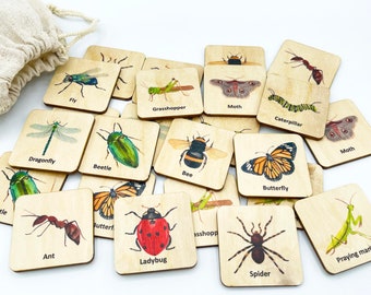 Wooden Insect Bug Memory Game, Montessori insect bug matching cards, homeschool materials/  bilingual French Homeschool Preschooler acitivty