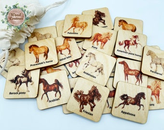 Wooden Montessori Horses memory game/ Homeschool Kindergarten Preschooler educational learning activity/ matching cards game