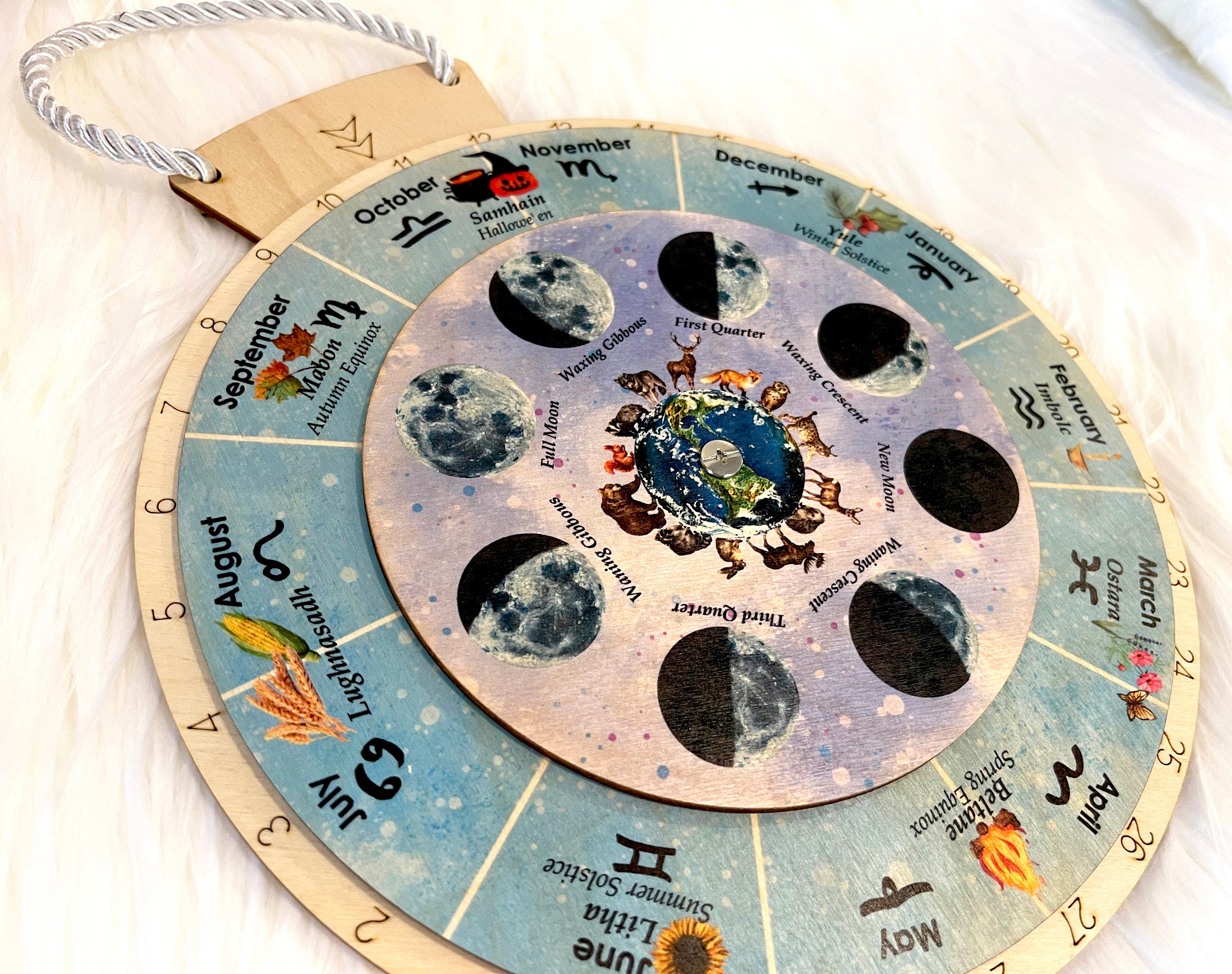 Wheel of the Year Wooden perpetual calendar Moon Phases Etsy