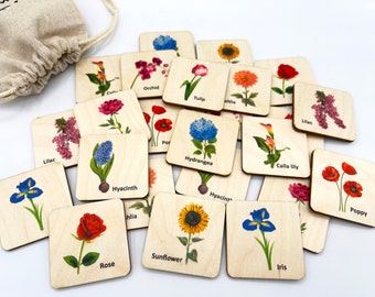 Wood Flowers Memory Game, Wooden Montessori Matching game for kids, Homeschooling materials