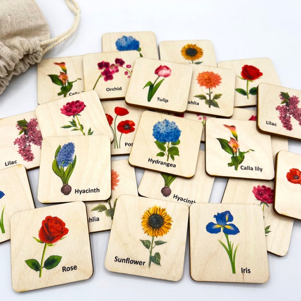 Wood Flowers Memory Game, Wooden Montessori Matching game for kids, Homeschooling materials