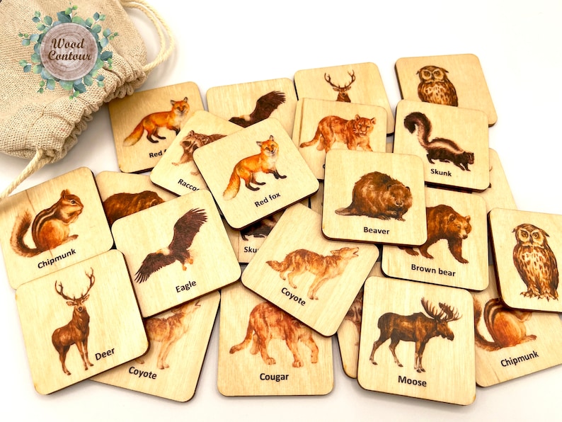 Op de afbeelding: Houten flashcards met illustraties van Noord-Amerikaanse dieren, waaronder een vos, een uil en een hert. De vierkante kaarten worden geleverd met een stoffen zakje. De tekst "Wood Contour" is zichtbaar op de zak.