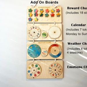 May include: Five wooden charts with different themes: reward, calendar, weather, emotions. The reward chart has 18 stars, the calendar has 7 tokens for Monday to Sunday, the weather chart has 4 tokens for 4 seasons, and the emotions chart has a wheel with different emotions.