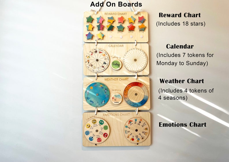 May include: Five wooden charts with different themes: reward, calendar, weather, emotions. The reward chart has 18 stars, the calendar has 7 tokens for Monday to Sunday, the weather chart has 4 tokens for 4 seasons, and the emotions chart has a wheel with different emotions.