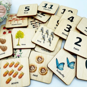 Montessori bois comptage nature numéros match cartes/ bilingue français/ Homeschool préscolaire maternelle tout-petit apprendre l'activité mathématique
