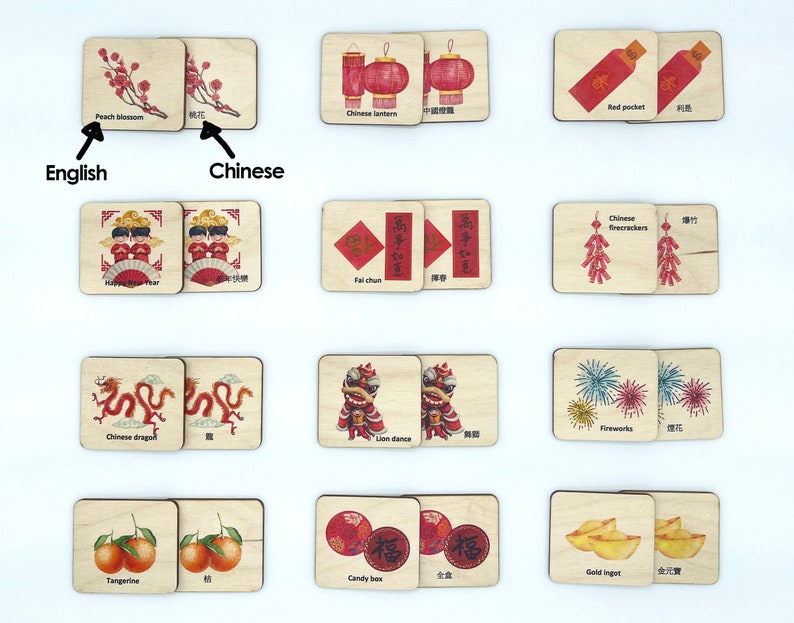 May include: A set of rectangular wooden tiles featuring illustrations of Lunar New Year symbols including peach blossoms, lanterns, red pockets, firecrackers, dragons, lion dancers, fireworks, tangerines, candy boxes, and gold ingots with English and Chinese text.