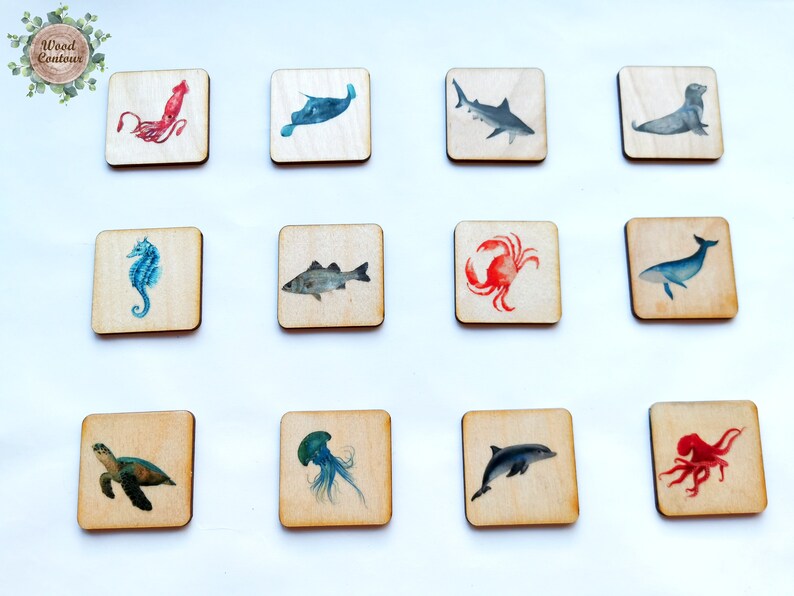 Wooden Montessori Sea animals Memory Game, Educational Matching game, Homeschooling Wood Toys image 3