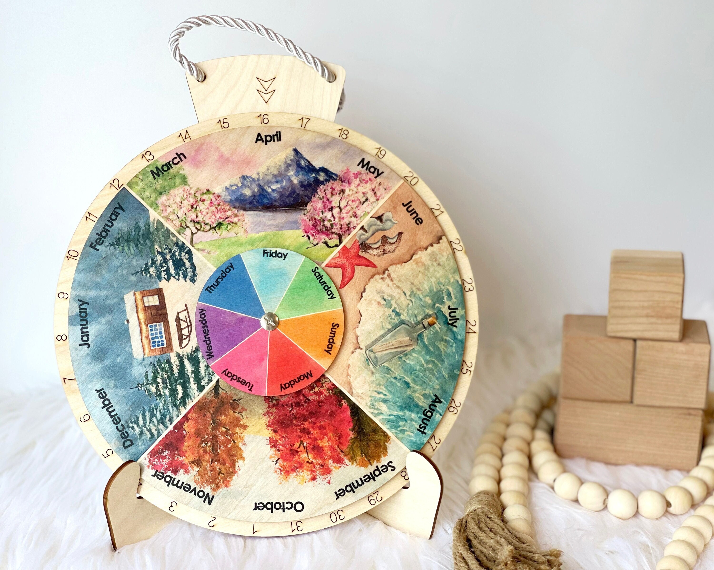 Wooden Wheel of the Year, Wooden Perpetual Calendar, Four Seasons