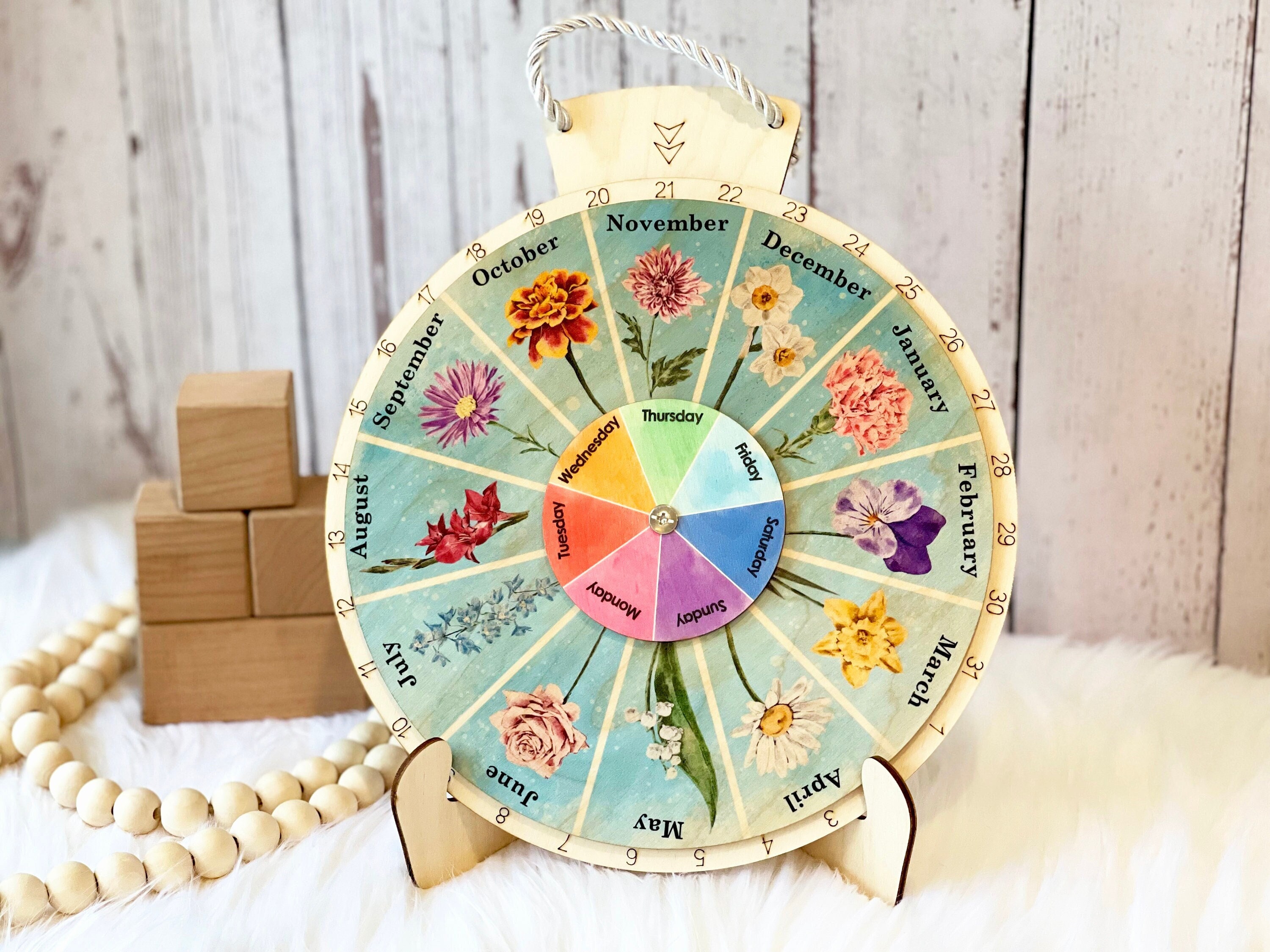 Wooden Wheel of the Year, Birth Flower Month Calendar, Wooden