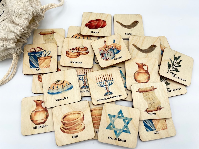 Wooden Hanukkah Celebration Memory Game for Kids, Hanukkah gift for Kids, Jewish hoilday No Ornament