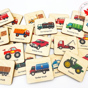 Jeu de mémoire en bois pour voiture et camion, jouets Montessori, cartes de correspondance de véhicules pour enfants en bas âge, jouets éducatifs d'âge préscolaire/école à la maison
