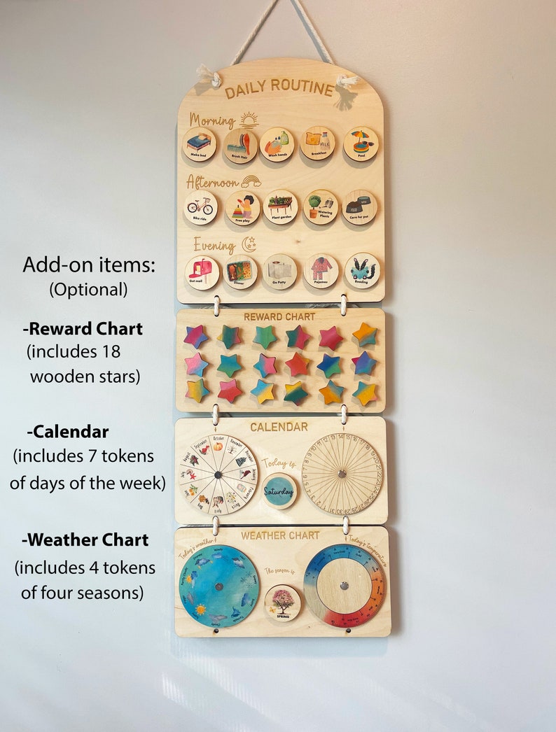 May include: A wooden daily routine chart with a reward chart, calendar, and weather chart. The daily routine chart has a morning, afternoon, and evening section with images of activities for each time of day. The reward chart has 18 wooden stars. The calendar has a wheel with days of the week and numbers 1-31. The weather chart has a wheel with four seasons and a thermometer.