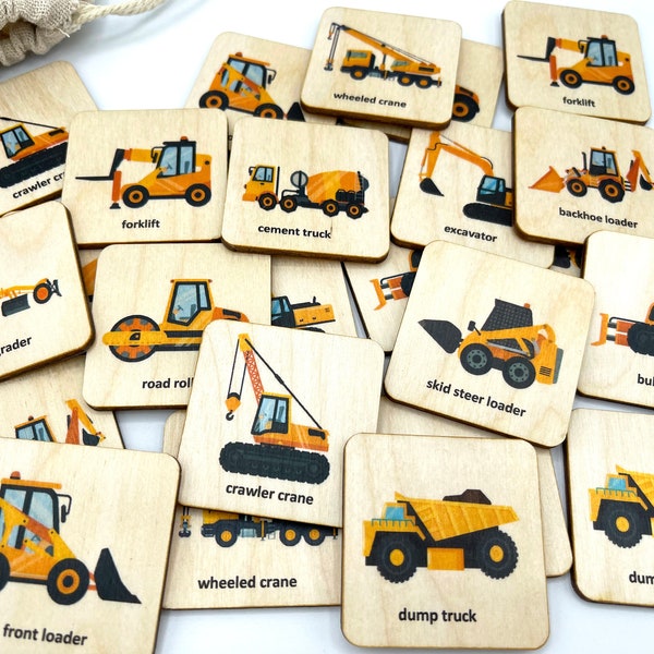 Montessori Wooden construction truck car memory game/ Homeschool preschool kindergarten toddler vehcial matching cards/ kids activity