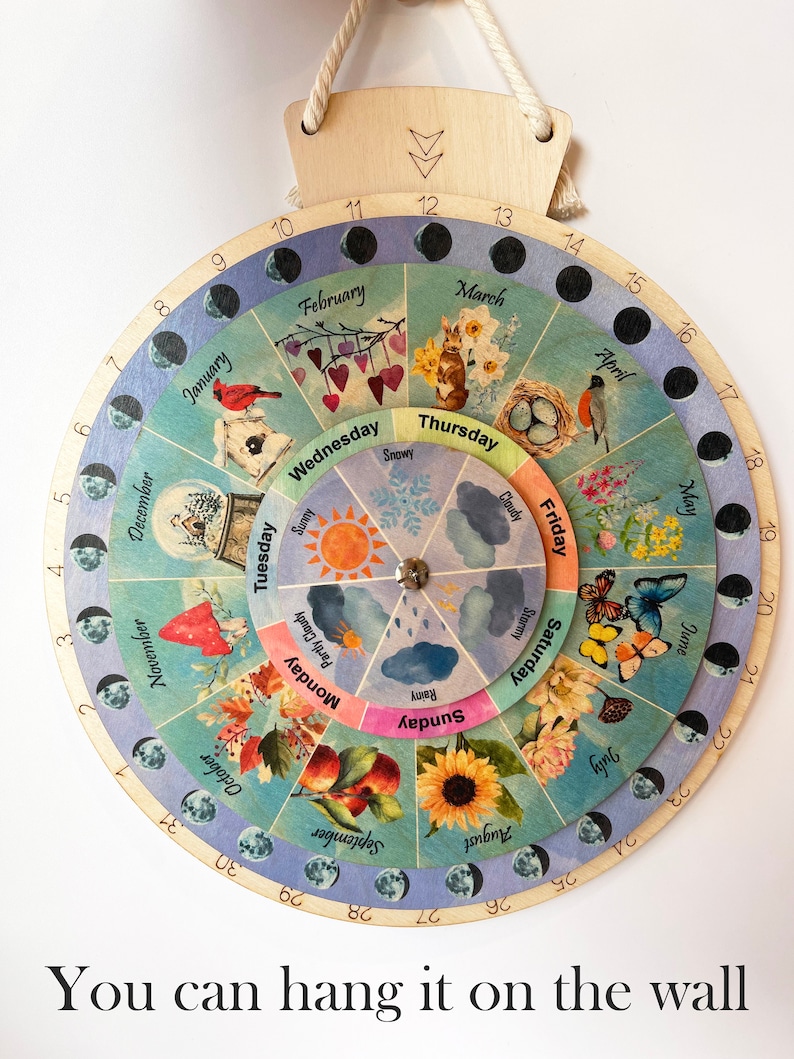 Wheel of the Year, Wooden Perpetual Calendar, Moon Phases Wheel, Waldorf Calendar, Wooden hanging Calendar, Wall Art 画像 5