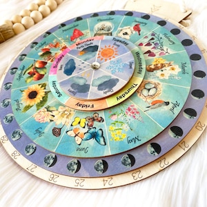 Wheel of the Year, Wooden Perpetual Calendar, Moon Phases Wheel, Waldorf Calendar, Wooden hanging Calendar, Wall Art 画像 4