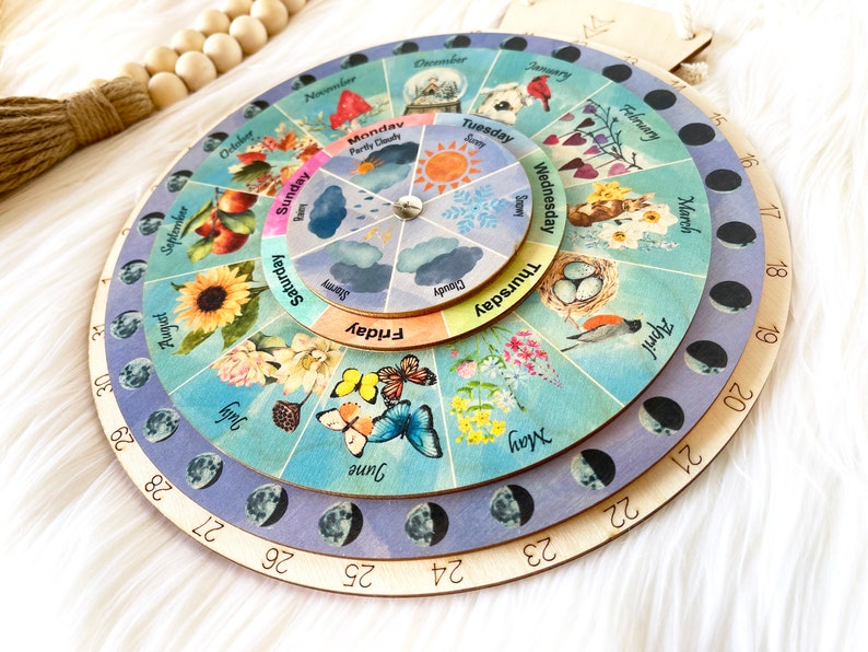 Wheel of the Year, Wooden Perpetual Calendar, Moon Phases Wheel, Waldorf Calendar, Wooden hanging Calendar, Wall Art 画像 4