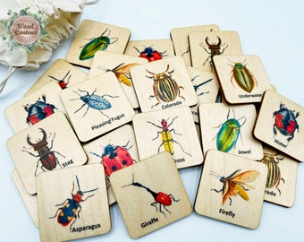 Wooden beetle memory game/ Montessori Homeschool Kindergarten Preschooler Toddler insects/bugs matching cards activity