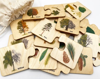 Montessori Wood tree leaves matching puzzle/ Homeschool Preschooler toddler leaf puzzle activity/ wood toys gift for kids/ nature study