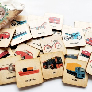 Jeu de mémoire de transport en bois Montessori en français anglais bilingue / Homeschool Toddler cartes assorties bilingues