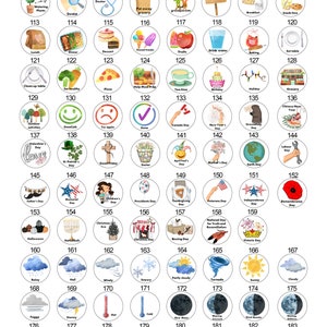 May include: A chart with 183 colorful circles, each containing a different image and number. The numbers range from 97 to 183. The images represent various holidays, activities, and events. The text at the bottom of the chart reads 'Please choose your tokens from our list in a numerical order.'