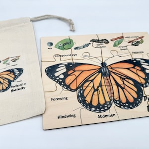 May include: Wooden butterfly puzzle with orange and black wings, labeled with parts of a butterfly. Includes a canvas bag with a matching butterfly diagram. Educational toy for learning about insects.