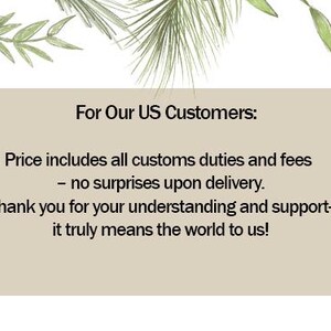 Op de afbeelding: Een beige rechthoekige afbeelding met de tekst "For Our US Customers: Price includes all customs duties and fees - no surprises upon delivery. Thank you for your understanding and support - it truly means the world to us!" Decoratieve groene bladeren bovenaan.