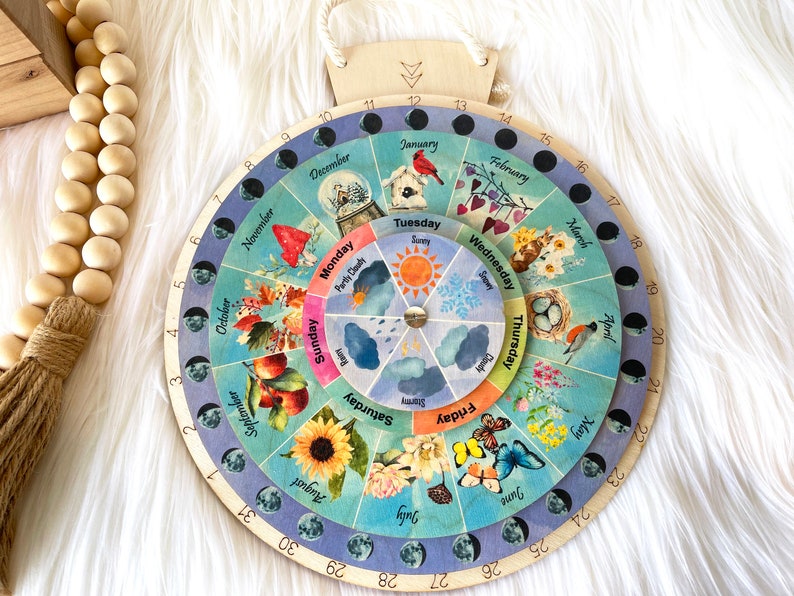 Wheel of the Year, Wooden Perpetual Calendar, Moon Phases Wheel, Waldorf Calendar, Wooden hanging Calendar, Wall Art 画像 2