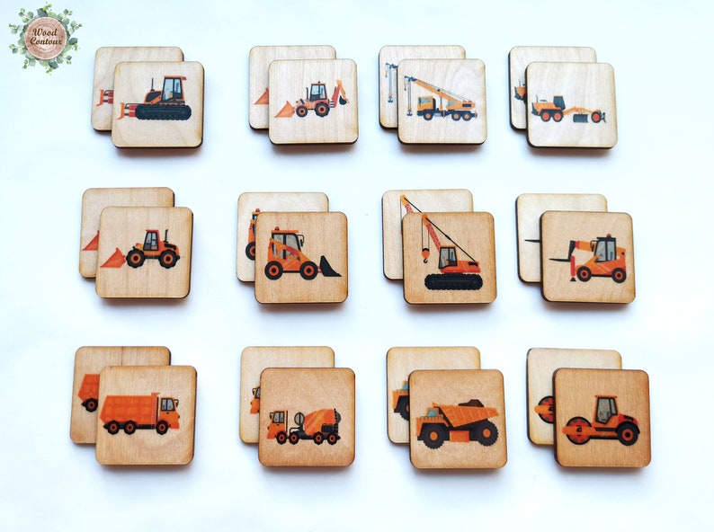 Montessori Wooden construction truck car memory game/ Etsy