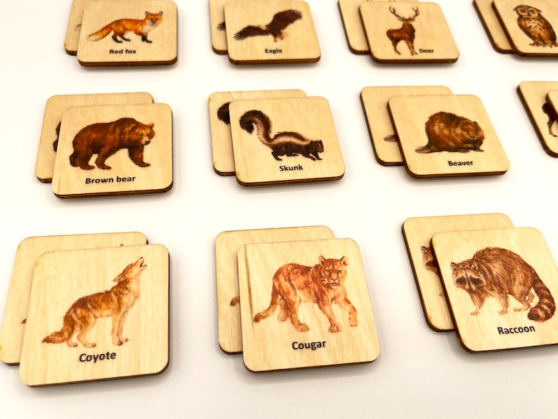 Op de afbeelding: Vierkante houten tegels met illustraties van verschillende dieren, waaronder een rode vos, een adelaar, een hert, een uil, een bruine beer, een stinkdier, een bever, een coyote, een poema en een wasbeer. Elke tegel heeft de naam van het dier onder de afbeelding.