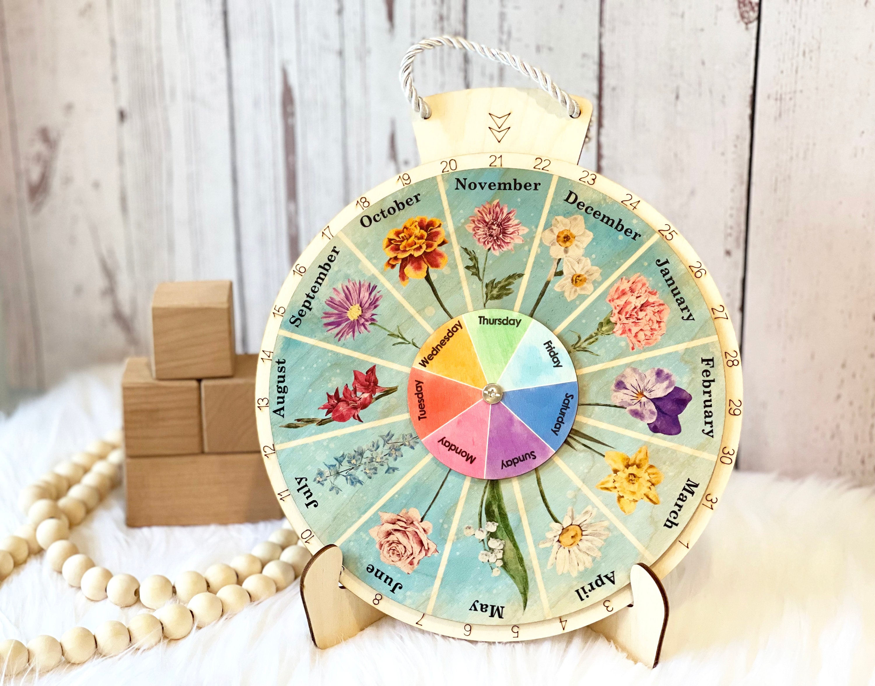 Wooden Wheel of the Year, Birth Flower Month Calendar, Wooden