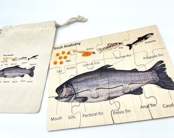 Wooden Trout Fish Anatomy Puzzle for Preschool Toddler ,Montessori Parts of a Fish puzzle, Homeschool Fish Life Cycle activity