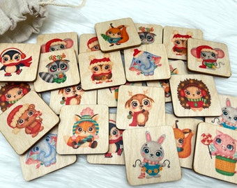 Wooden Christmas themed Animals Memory Game/ Santa /Christmas Gift for kids/ Family Christmas Game Activity/ Montessori & Waldorf Inspired