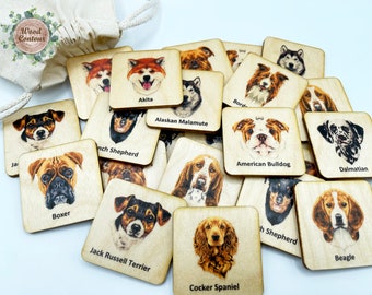 Montessori Wooden Dogs name memory game/wood animal matching cards Preschooler homeschool toddler