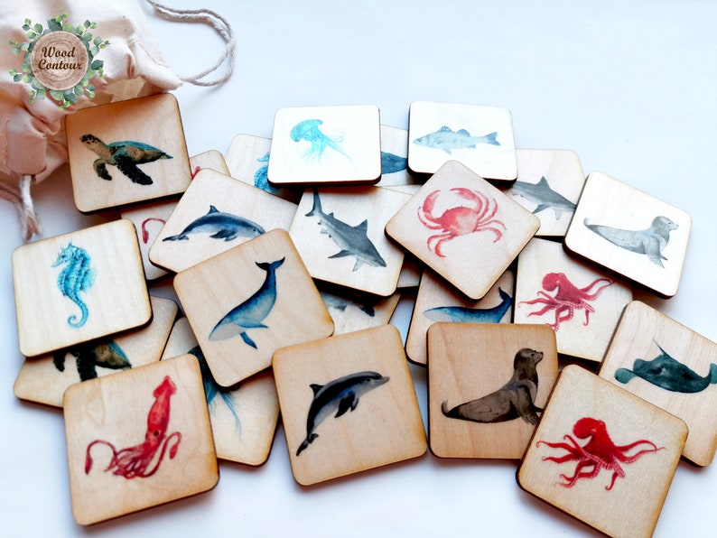 Wooden Montessori Sea animals Memory Game, Educational Matching game, Homeschooling Wood Toys image 1