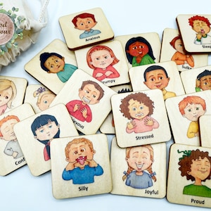 Cartes d'émotions pour enfants en bois/bilingues/français/Cartes assorties pour enfants d'âge préscolaire, maternelle et maternelle Montessori