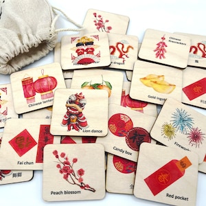 Jeu de mémoire du Nouvel An lunaire en bois / Cartes de correspondance du Nouvel An chinois / Cartes de jeu de l’école à la maison pour enfants d’âge préscolaire
