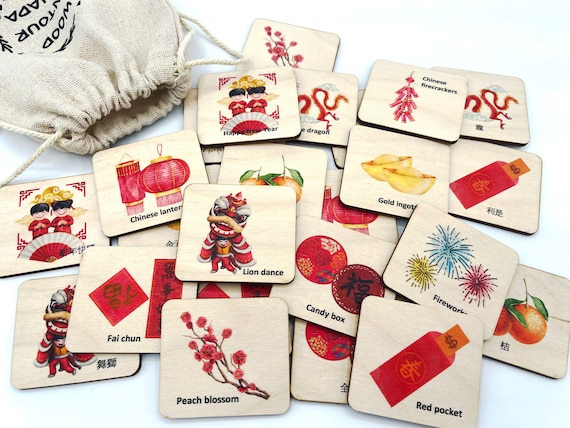 Wooden Lunar New Year Memory Game/ Chinese New Year Matching Cards/ Preschooler Toddler Kids homeschool Game Cards