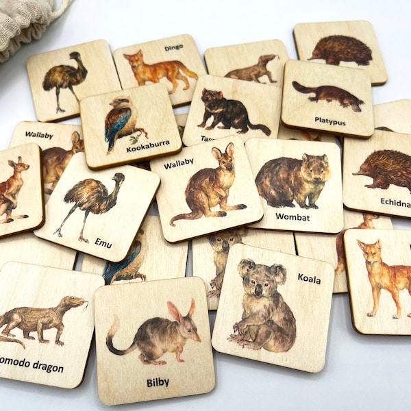 Montessori wooden Australia animals matching cards/ Homeschool toddler preschooler kindergarten animals memory game kids activity