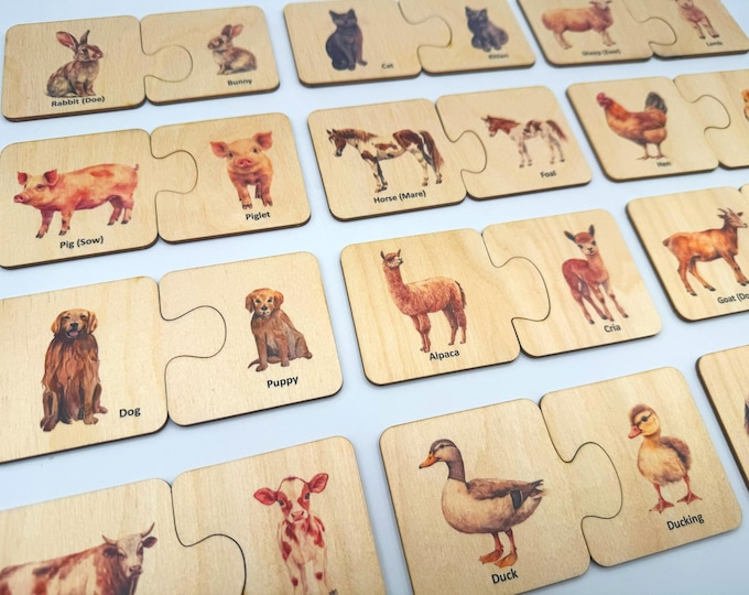 Wooden Montessori Mother Baby Animals Matching Puzzle, Homeschool Toddler Kids farm animals safari animals activity